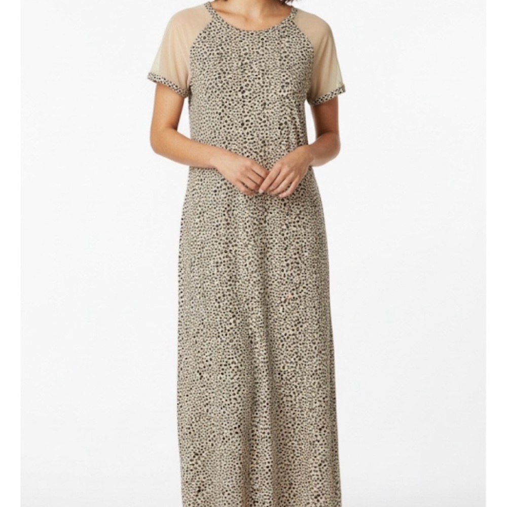 SKINNYGIRL Mix Media Cheetah Dress with Mesh Sleeves/Back, Women’s M,Cream Brown